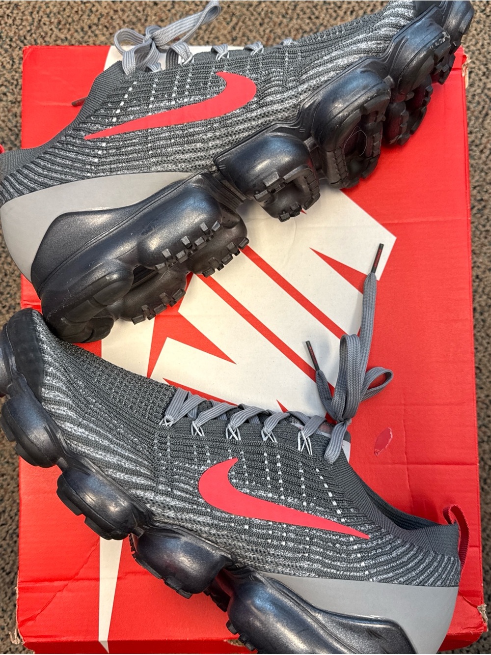 Nike Air VaporMax Flyknit 3 Grey Track Red Running Shoes with Red Swoosh